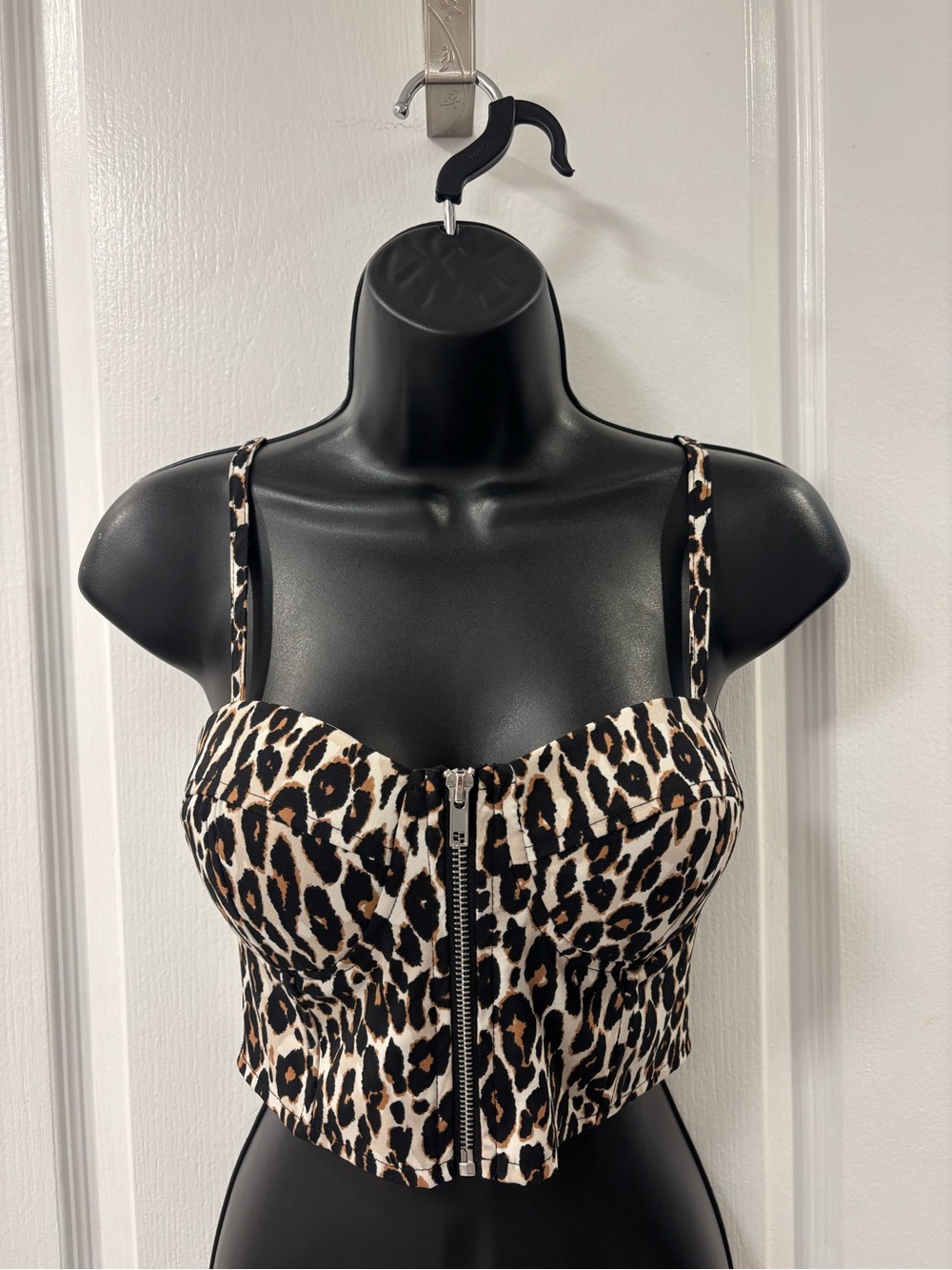 Say What? Leopard Print Full Front Zip Bustier Crop Tank Top Brown Black Cream S